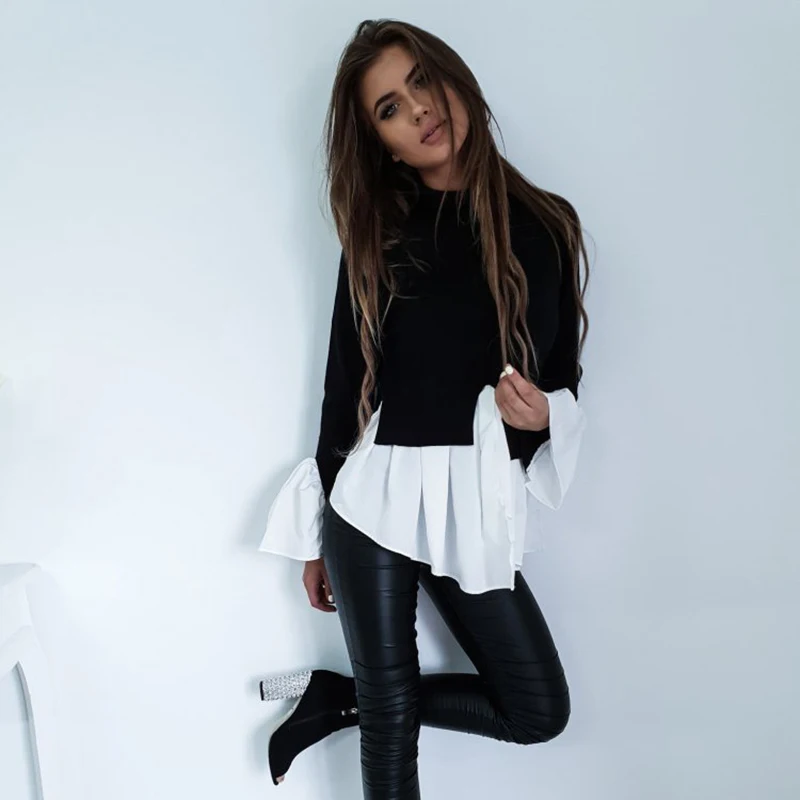 

2019 Patchwork Irregular Casual T Shirt Women Tops Turtleneck Sleeve T-Shirts Women Streetwear Tshirt Pullover