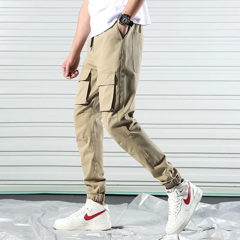 

Solid Color Men Cargo Pants Slim Fit Multi-Pockets Mens Pants Elastic Waist Casual Pants Men Pantalones Hombres