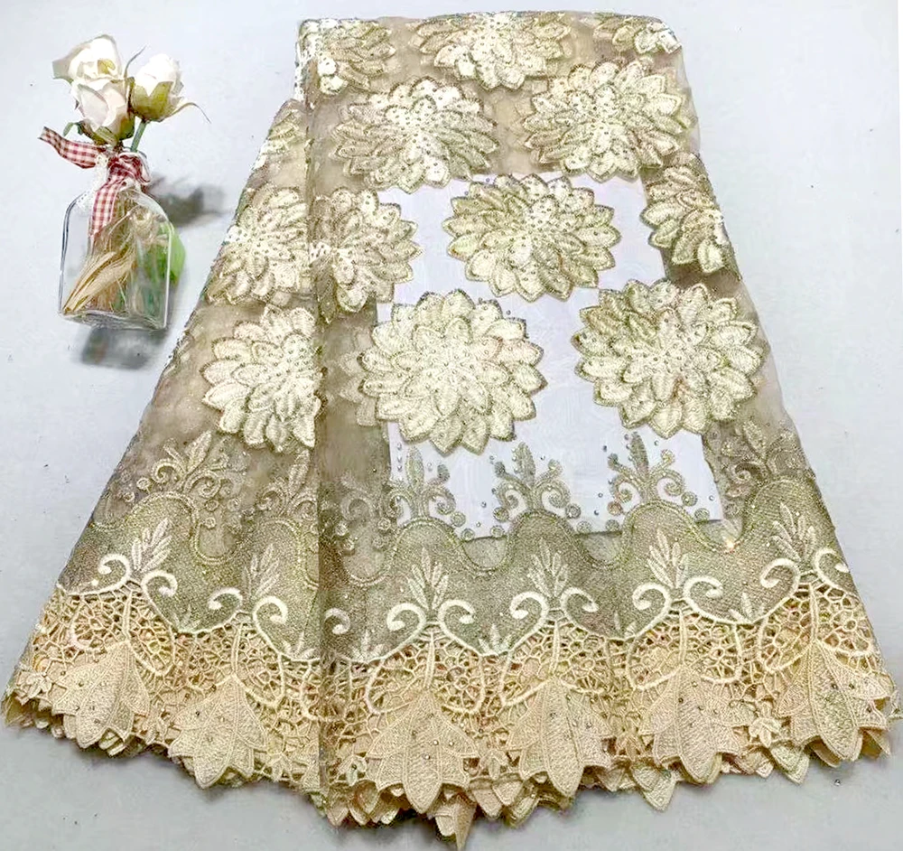 

2019 African Lace High Quality French Lace Fabric With Sequins beige Color African Lace Fabric For Nigerian Wedding Dress
