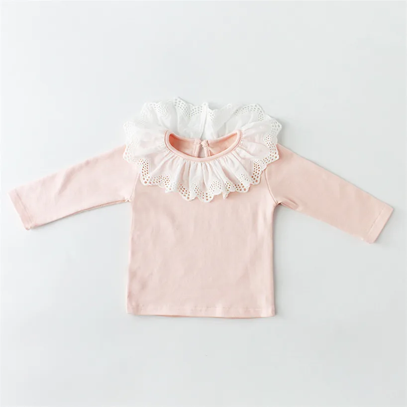 Новая Осенняя футболка для девочек Рубашка с длинными рукавами и кружевными оборками однотонные шерстяные топы из чистого хлопка для маленьких принцесс - Цвет: pink