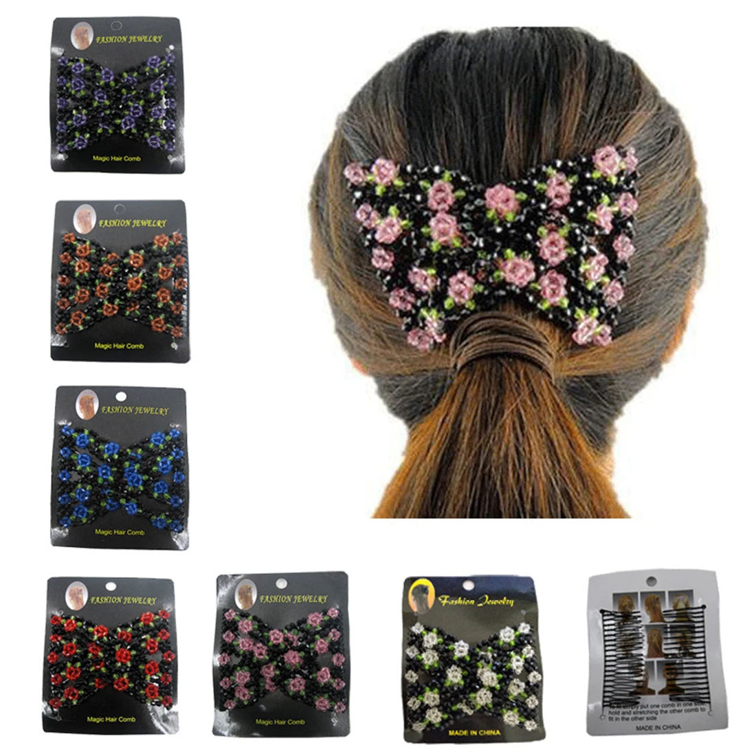 Double Magic Slide Metal Comb Clip Hairpins Vintage Flower Bead Stretchy Hair Combs for Women Ladies Hair Accessories Gift Double Magic Slide Metal Comb Clip Hairpins Vintage Flower Bead Stretchy Hair Combs for Women Ladies Hair Accessories Gift