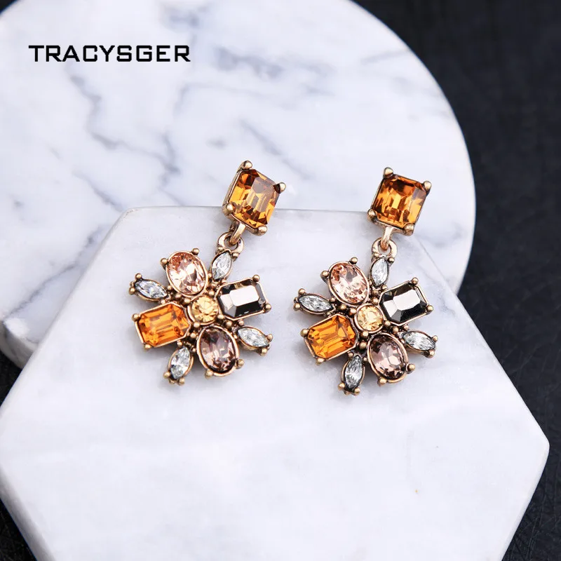 AB-ed01481b/tracysger/Ретро элегантные, цвета шампанского Кристалл цветок леди серьги