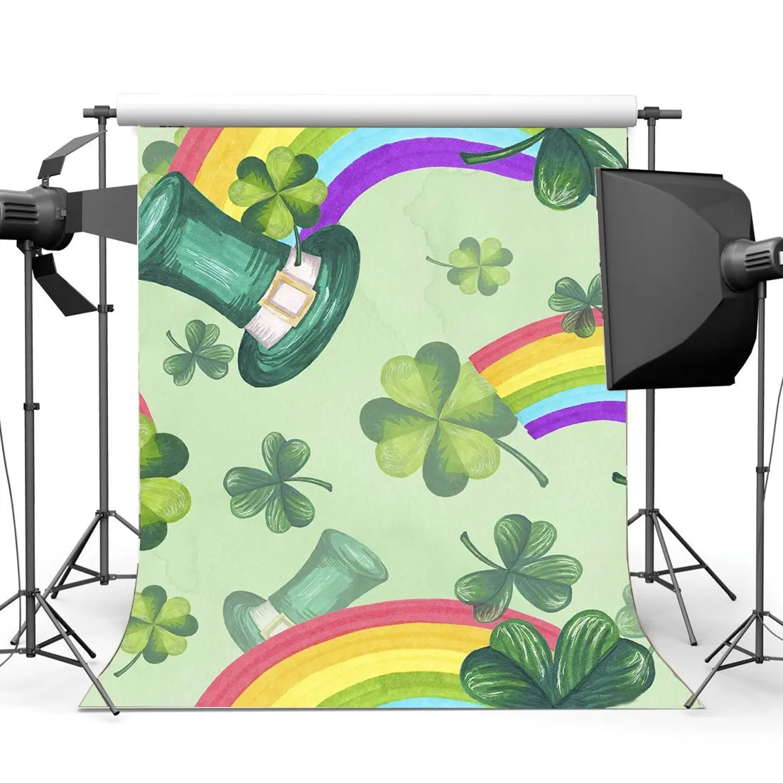 

Happy St.Patrick's Day Backdrop Lucky Irish Shamrock Green Clover Leprechaun's Hat Rainbow Background