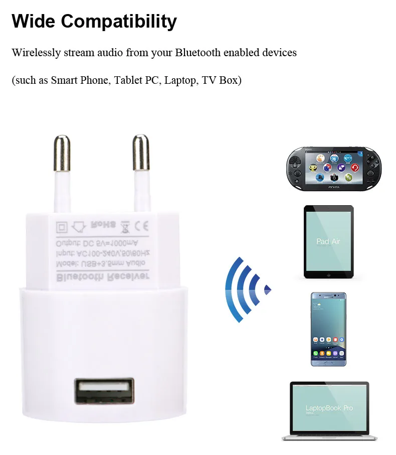 Bluetooth Audio Receiver AC 110V 220V Audio Adapter USB Wall Charger Wireless Bluetooth Receiver Adapter 3.5MM AUX V5.0 Audio Music Receiver EU US Plug
