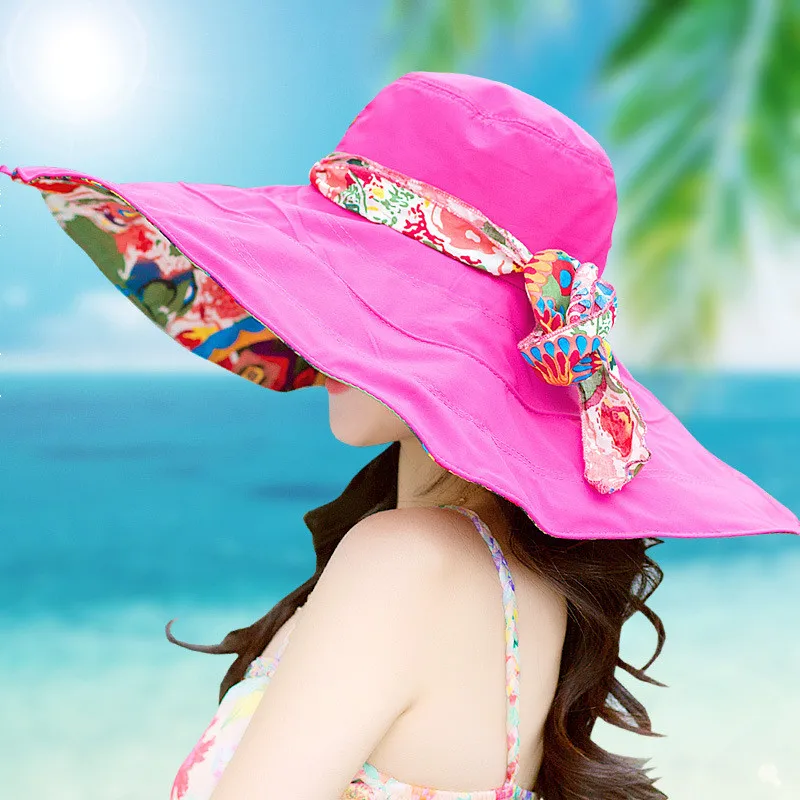 Портативная Красивая пляжная шляпа, устойчивая к ультрафиолетовому излучению, складная летняя шляпа для улицы, женский цветочный дизайн - Цвет: Красный