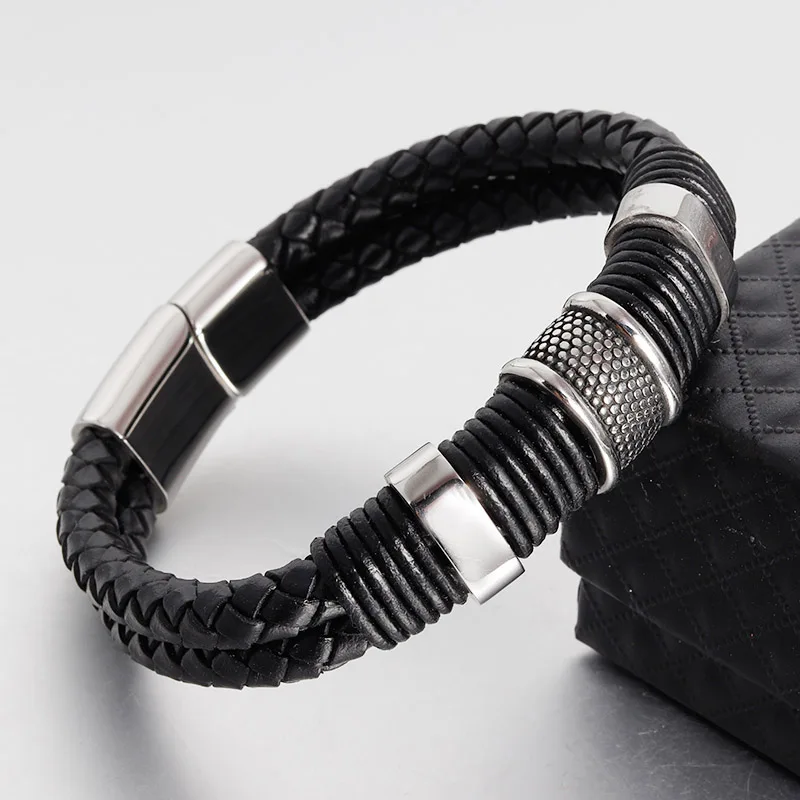 

Trendy Men Leather Bracelets Black Braided Multilayer Rope Chain Bracelet Stainless Steel Magnetic Clasp Male Jewelry Gifts