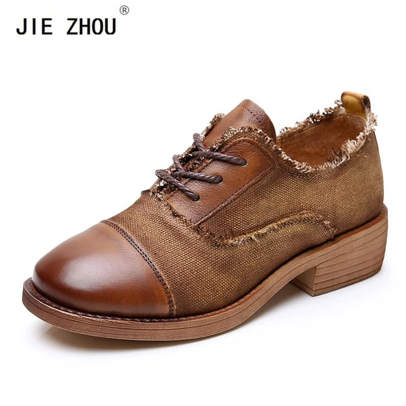 Women Flats New Comfort British Style Genuine Leather+Denim Brogue Women's shoes Thick heel Retro Lace-Up Casual shoes