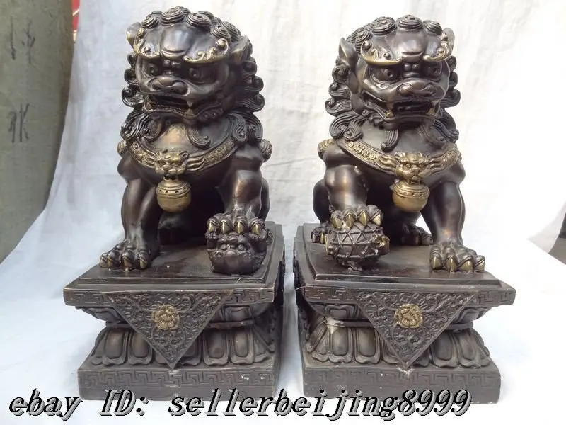 

13" China Purple Pure Bronze Gilt FengShui Men Foo Fu Dog Lion Brass Statue Pair