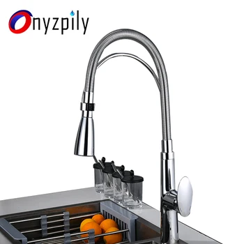 

Onyzpily ChromePull Down Kitchen Sink faucet 360 Rotation Deck Mounted Faucet Two Outlet Water Modes Cold and Hot Mixer