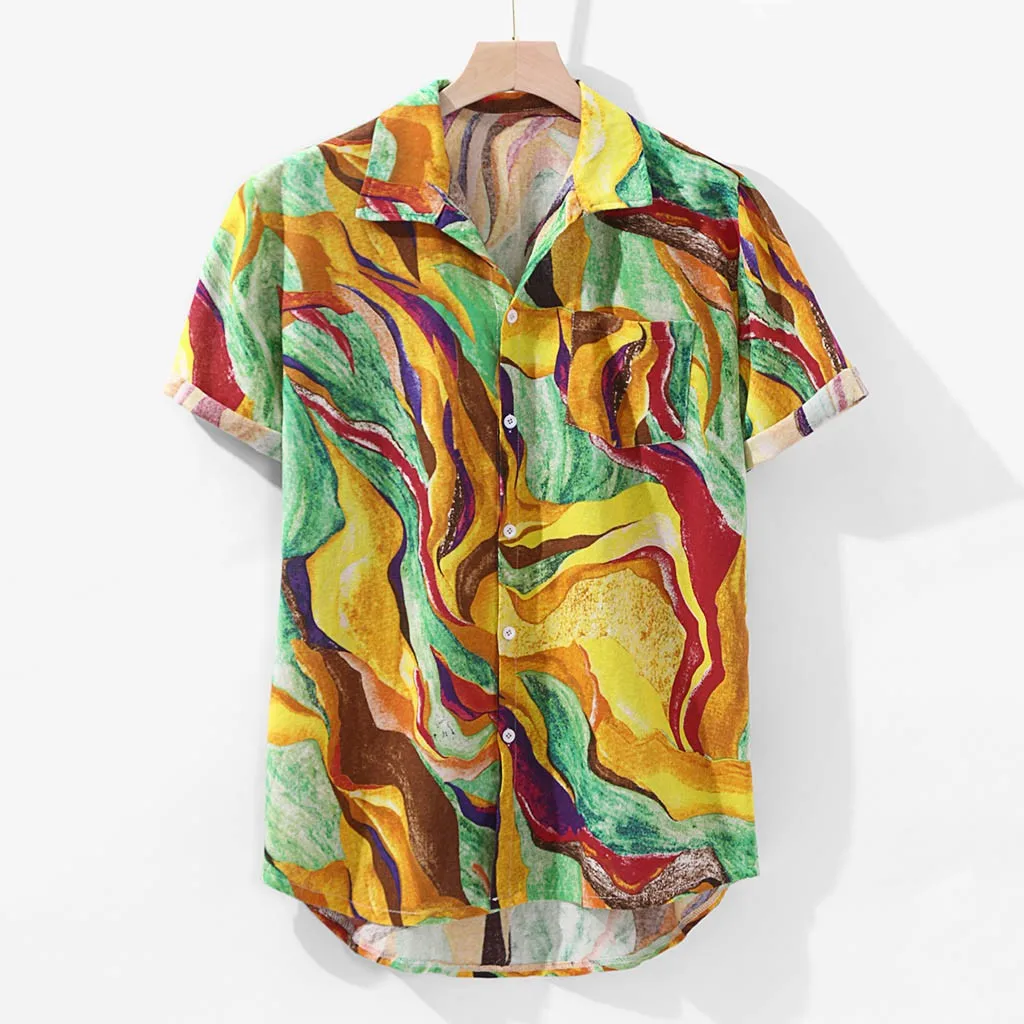 

Hawaiian Mens shirt Camisa Casual Short sleeve shirt Pocket Round Hem Loose Print Linen Blouse Tops Streetwear Camisa masculina