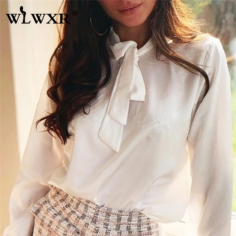 WLWXR офисные атласные шифоновые длинные Bluose женские рубашки Blusas топы с галстуком