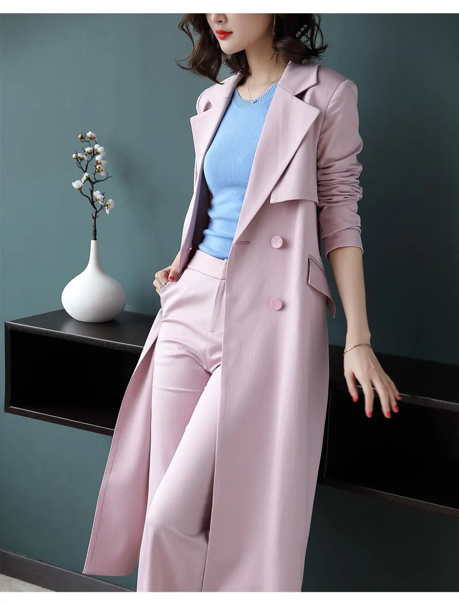 Весенний женский Модный комплект из двух предметов, розовый длинный Тренч для деловой женщины и широкие штаны, костюм