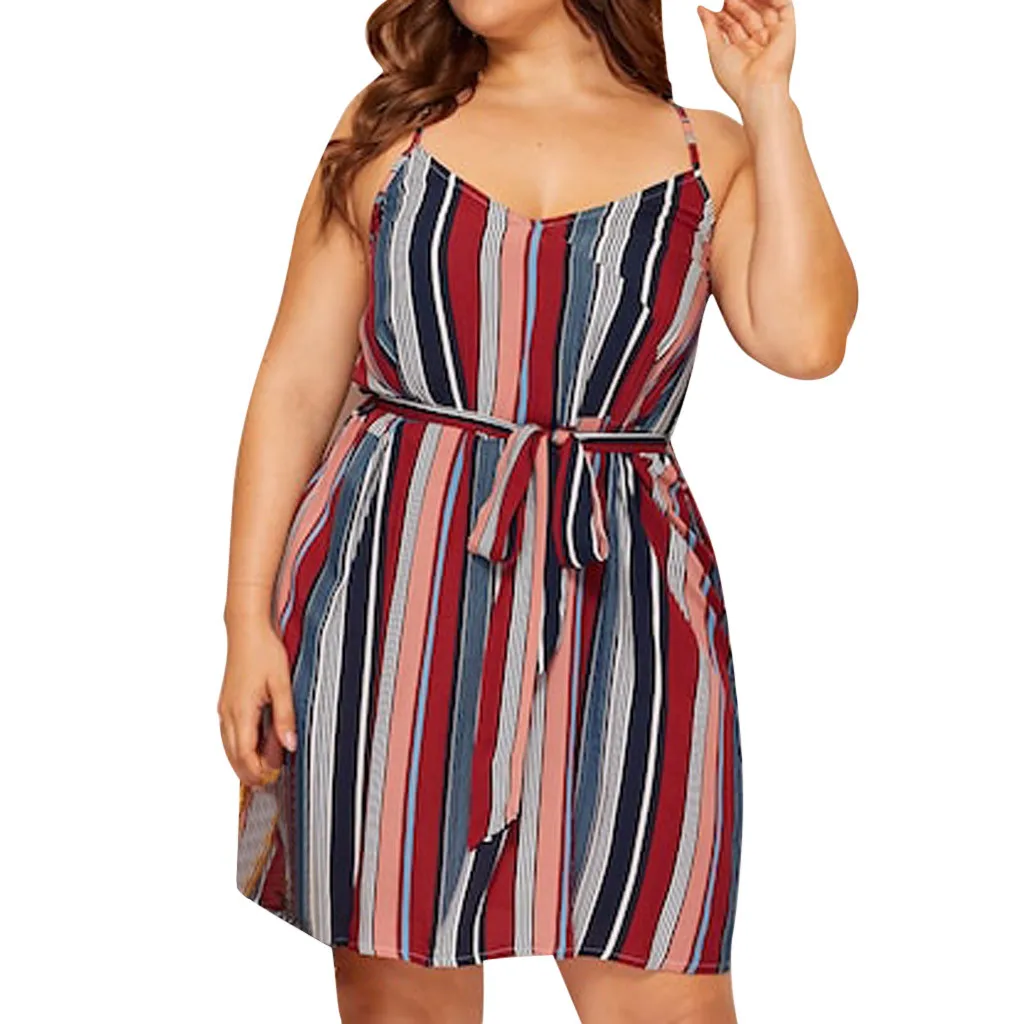 summer dress plus size dresses for women 4xl 5xl Fashion Women Plus Size Stripe Print Camis V-Neck Sleeveless Bandage Dress