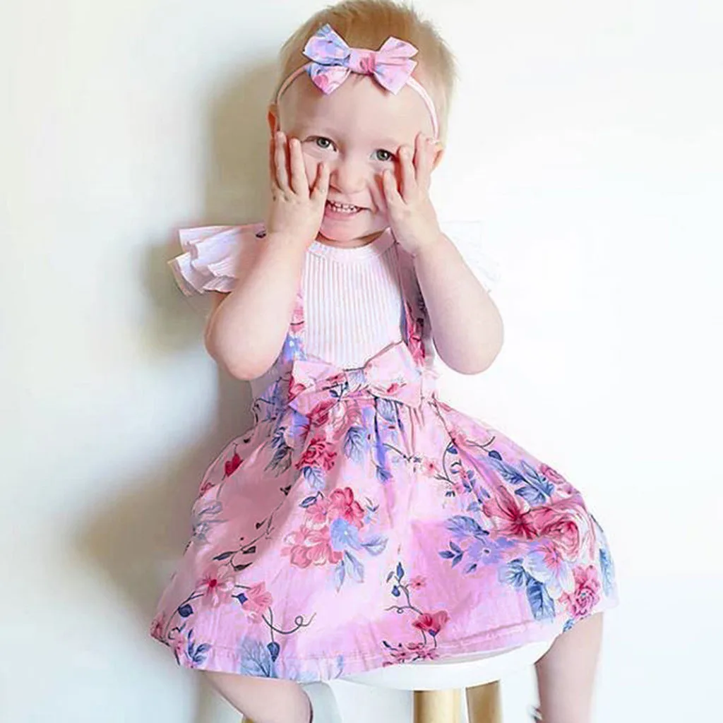 Toddler Infant Baby Girls clothes 2pcs Floral Baby Toddler Girls Kids Overalls Skirt Solid Ruffles Romper Tops Clothing Outfits