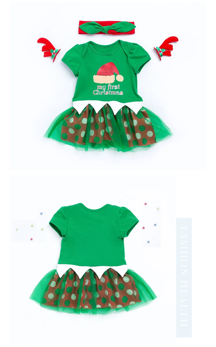 Рождественские зеленые для маленьких девочек Одежда для новорожденных мода 0-24 м наряды короткий рукав прекрасный комбинезон + Головные