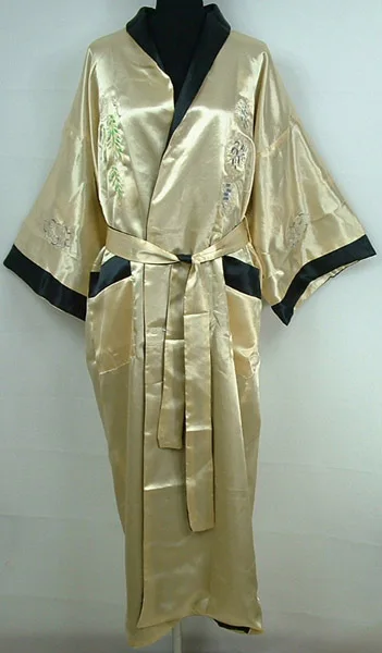 Красные, черные Двусторонняя китайская Для мужчин Шелковый Атласный халат кимоно с вышивкой с изображением дракона, один размер S0004 - Цвет: gold