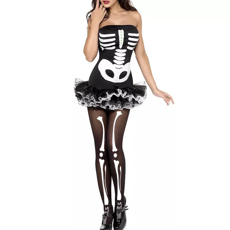 Сексуальный костюм скелета на хеллоуин для взрослых женщин, страшный косплей, мини-платье из тюля, короткое, необычное, страшное, черное, наряд для девушек-подростков