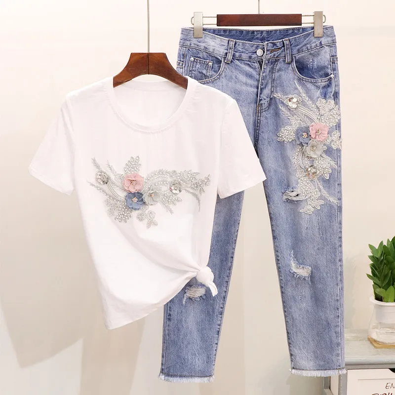 Summer Fashion Women Jean Set Flower Appliqued White T Shirt And Ankle