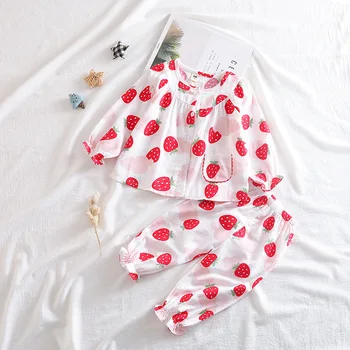 

High quality cotton strawberry print long sleeve fall baby girls kids pajamas