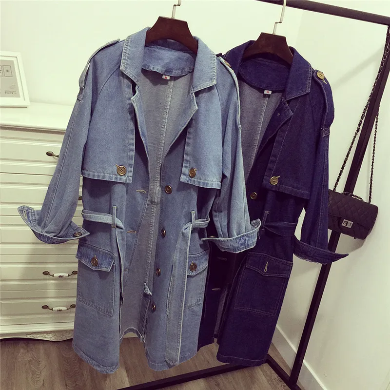 

Women Denim Windbreaker Spring Autumn Fashion Women Jackets Coats Loose Long Jeans with belt Female Casual BF cowboy Outwear