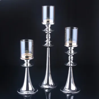 

10pcs/lot Splendent Silver Glass Metal Candlestick Three Sizes Choice Set for Wedding Catering Home Creative Dinner Decoration