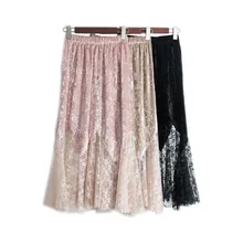 Litfun Новая модная женская кружевная Лоскутная бархатная юбка русалки с высокой талией Плиссированное соблазнительное Тюлевое женские длинные юбки черного, розового цвета