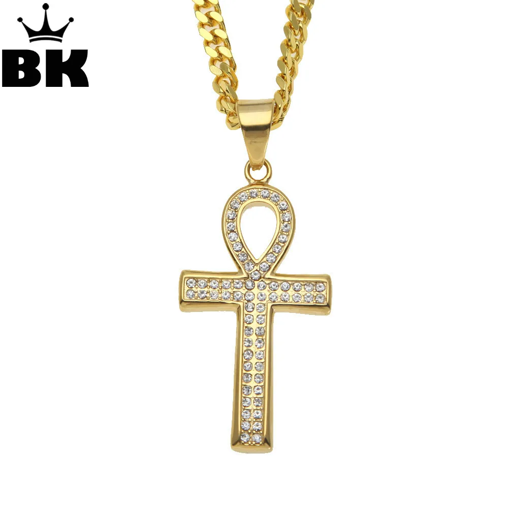 

Stainless Steel Gold Tone Ankh Pendants Micro Paved Rhinestone Egyptian Life Cross Charm Pendant Necklace Jewelry