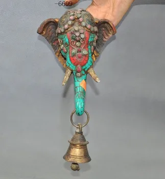 

christmas Old Tibet Buddhism bronze Inlay turquoise gem Elephant head Bells Wall hanging halloween