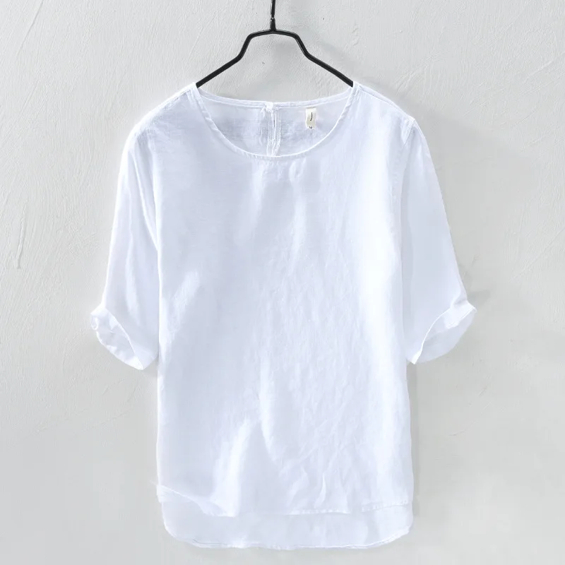 

Summer Pure Linen t shirt Men Casual Solid Tees Linen Top t-shirt For Men O-Neck Short Sleeve tshirt Male Tops Tees TS-402