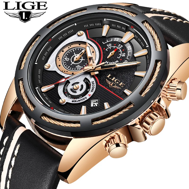 

Relogio Masculino LIGE Mens Watches Top Brand Luxury Quartz Gold Watch Men Casual Leather Military Waterproof Sport Wrist Watch