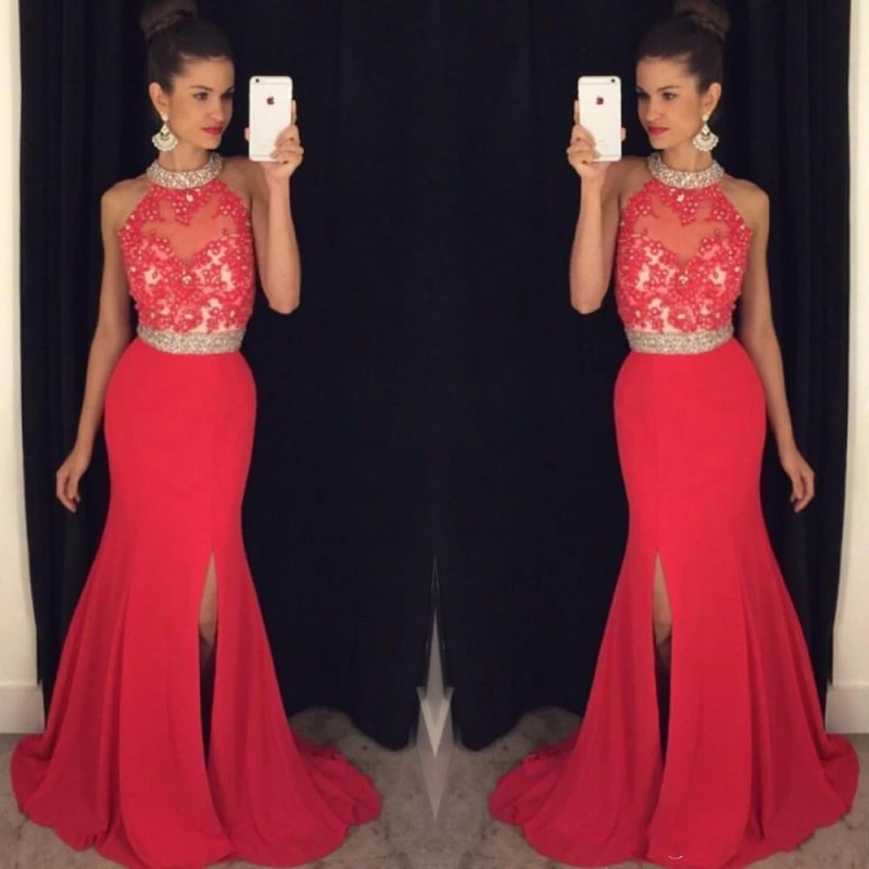 red halter evening gown