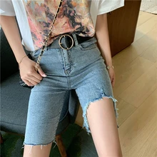 Women High Elastic Denim Jeans Half Pants Casual Holes Ripped Jeans Pencil Pants Mid Waist Plus Size Female Europe Denim