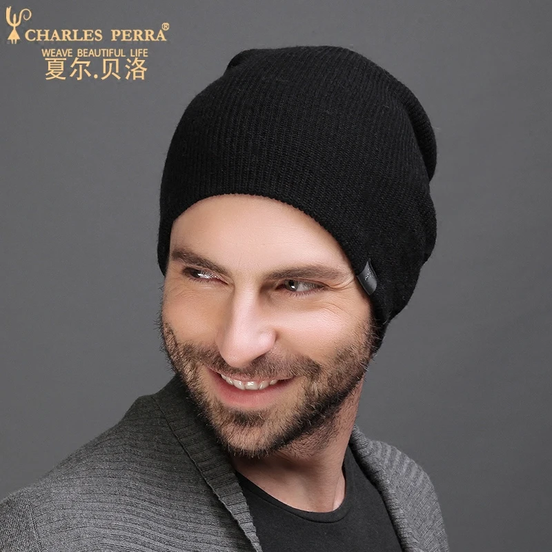 Мужские вязаные шапки Charles Perra зимняя двухслойная утепленная шерстяная шапка