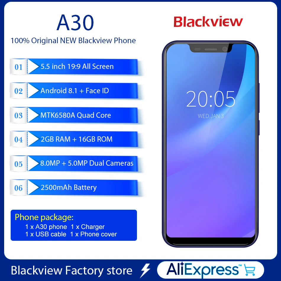Смартфон BLACKVIEW A30 Android 8 1 Face ID камера 5 МП дисплей 'ཏ: 9 2 + 16 ГБ мобильный телефон 3G