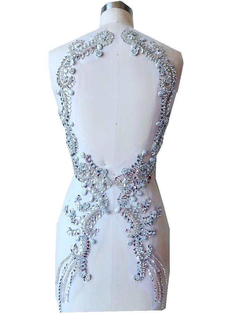 

hand made silver sew on Rhinestones applique on mesh crystal patches trim 69*17cmX2 for dress back