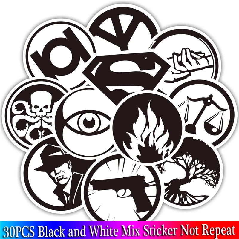 30PCS Pack black white Stickers Set Toy Sticker For Luggage Skateboard Laptop Sticker Refrigerator Stationery Stickers (2)