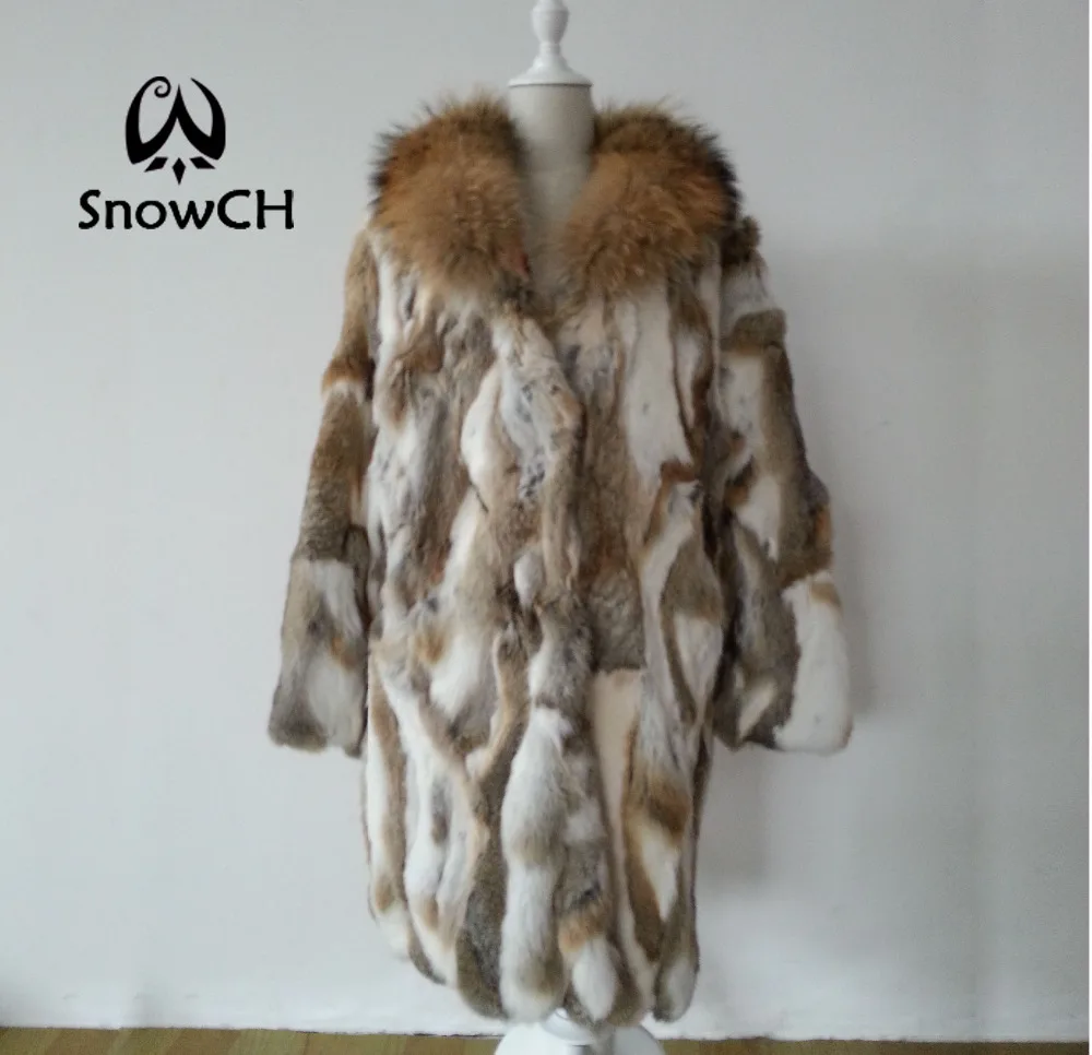 New Genuine Rabbit Fur Coat with big raccoon fur collar long rabbit fur