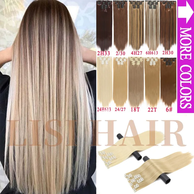 LISI волосы синтетические 16 клипс для наращивания волос 56 см 24 дюйма Длинные Синтетические поддельные накладные волосы на клипсах для наращивания волос