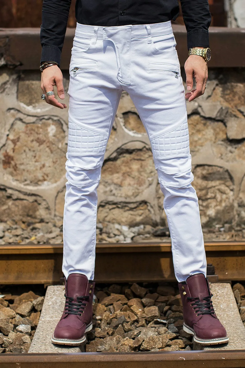 Free Shipping Men White Biker Jeans Patchwork Slim Zipper Skinny Elastic Denim Jeans Ripped Motorcycle Straight