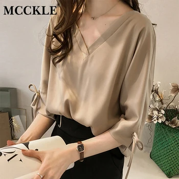 

Women's Chiffon V-neck 3/4 Sleeve Blouse Shirt Plus Size 4XL Solid Bowtie Office Lady Blouses 2019 Spring Summer Loose Shirts