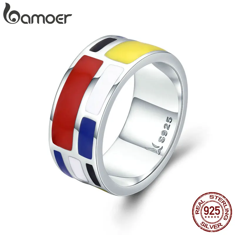 BAMOER Authentic 100% 925 Sterling Silver Colorful Enamel Geometric Square Finger Rings for Women Sterling Silver Jewelry SCR251
