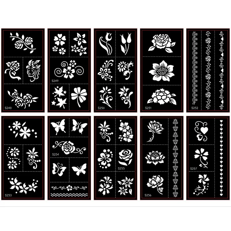 Tatuagem de Flor Corpo Jóias Adesivos Glitter Mulher Desenho Estêncil Stencils Airbrush Pintura Corporal & Template Atacado 200 Pcs Art 11 Pintura de corpo