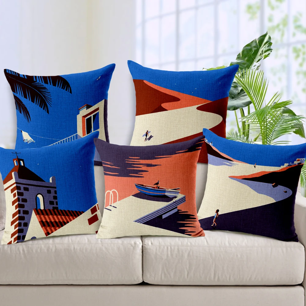 Nordic House Home Decor Pillow Seaside scenery Linen Cotton Cushion