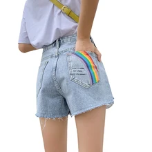 Новые летние джинсовые шорты из хлопка для женщин, Harajuku, с радужным принтом, джинсовые шорты, свободные, с дырками, винтажные, с вышивкой, джинсовые шорты