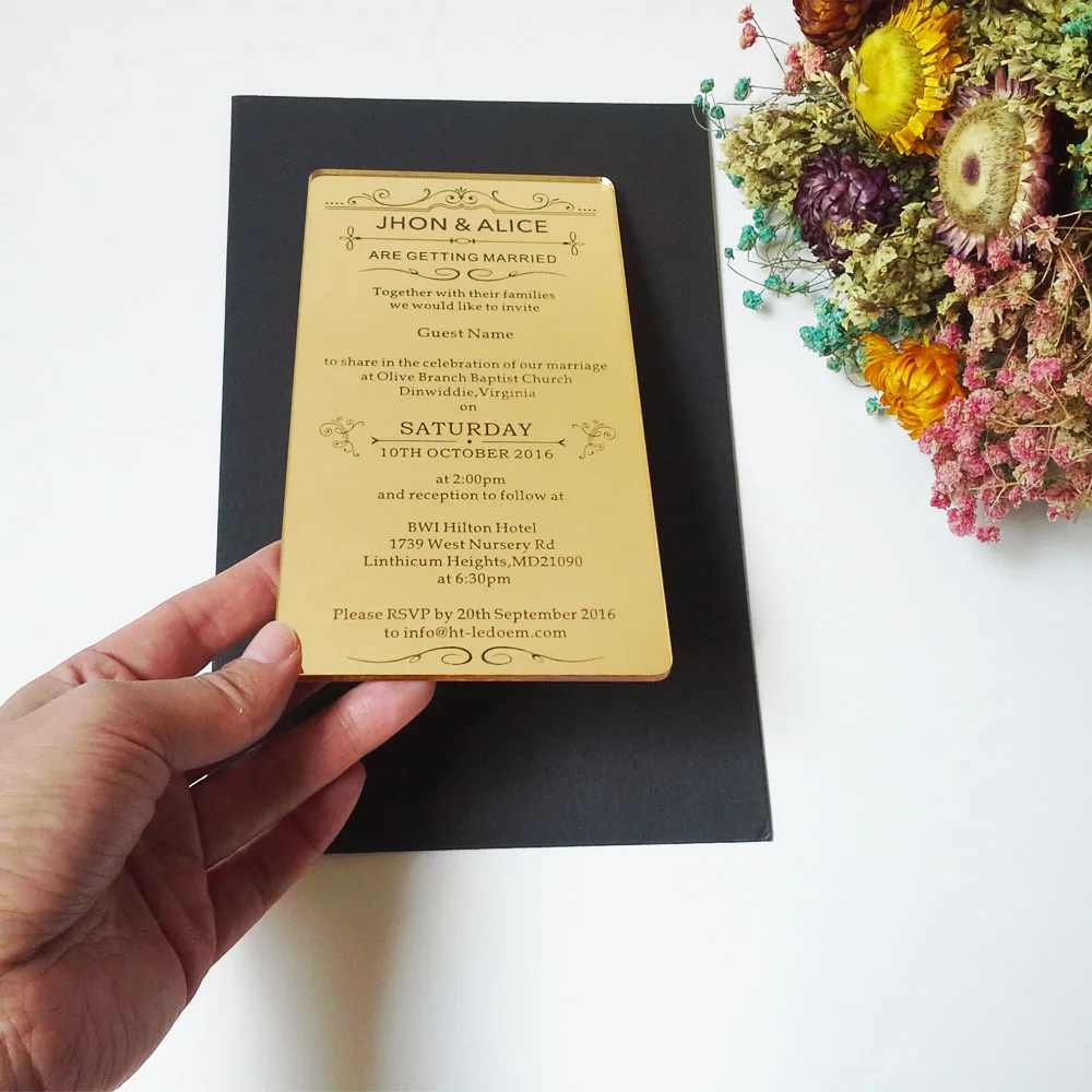  Customized 100*180mm laser engraved letters golden mirror acrylic wedding invitation card (1lot=100 - 32765376566