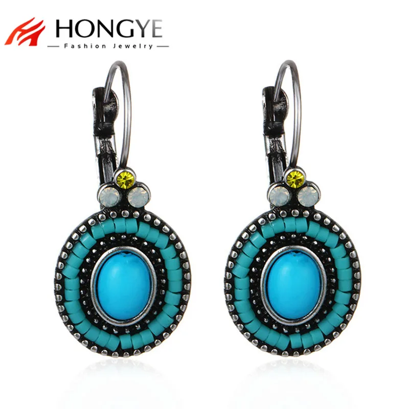 

2018 Boho Gold-Color Summer Beach Blue Resin Beads Crystal Earrings For Women Ethnic Rhinestone Clip Earrings Costume Gifts