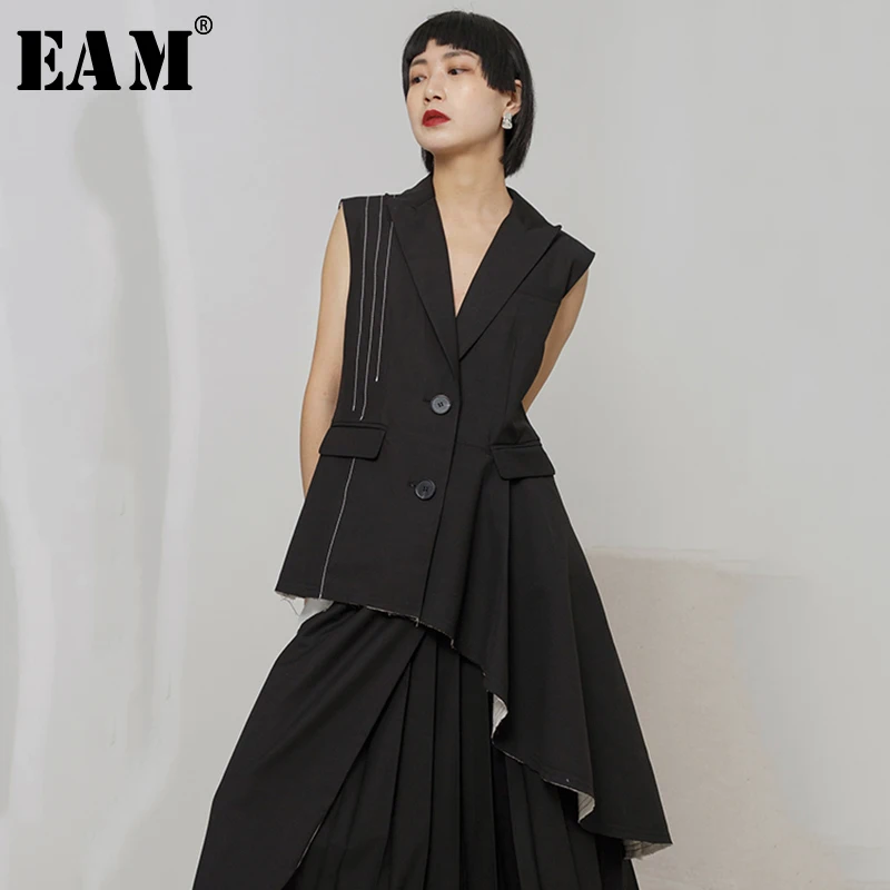 

[EAM] 2019 New Spring Summer V-collar Sleeveless Black Irregular Hem Pleated Stitch Cut Style Vest Women Vest Fashion Tide JR438