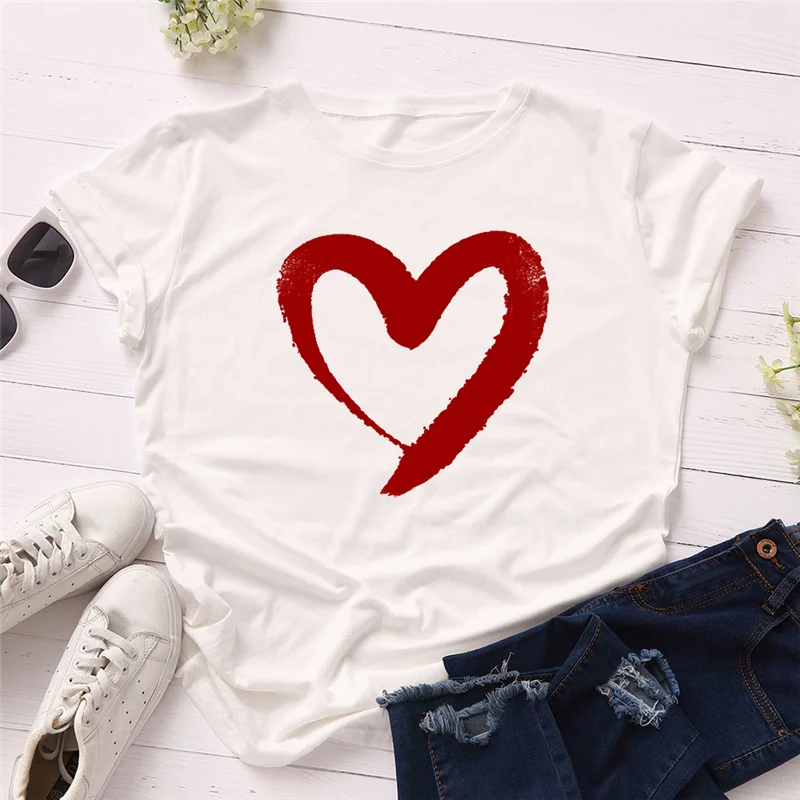 

Plus Size Love Heart Print T Shirt Women Cotton Short Sleeve O Neck Summer T-Shirt Tops Casual Tshirt Women Shirts Youth Graphic