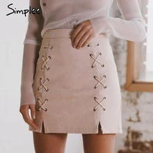 Simplee Autumn lace up leather suede pencil font b skirt b font Winter 2017 cross high