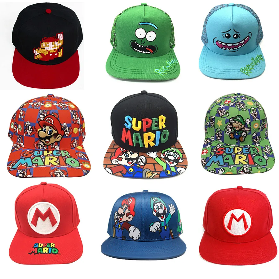 

Anime Super Mario Bros Figure Hats Mario Rick and Morty Hip Hop Hats For Adult Boys Girls Cosplay Cap Toys Birthday Gifts